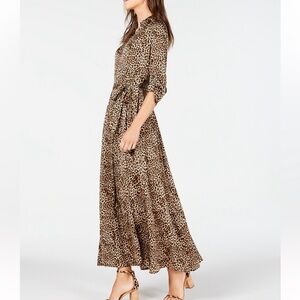 Leopard Shirt Dress Maxi Long Elbow Sleeves Button Down Silky Modest Flowy S